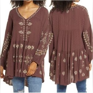 Free People Boho Arianna Tunic Flowey
Embroidered Brown Top S